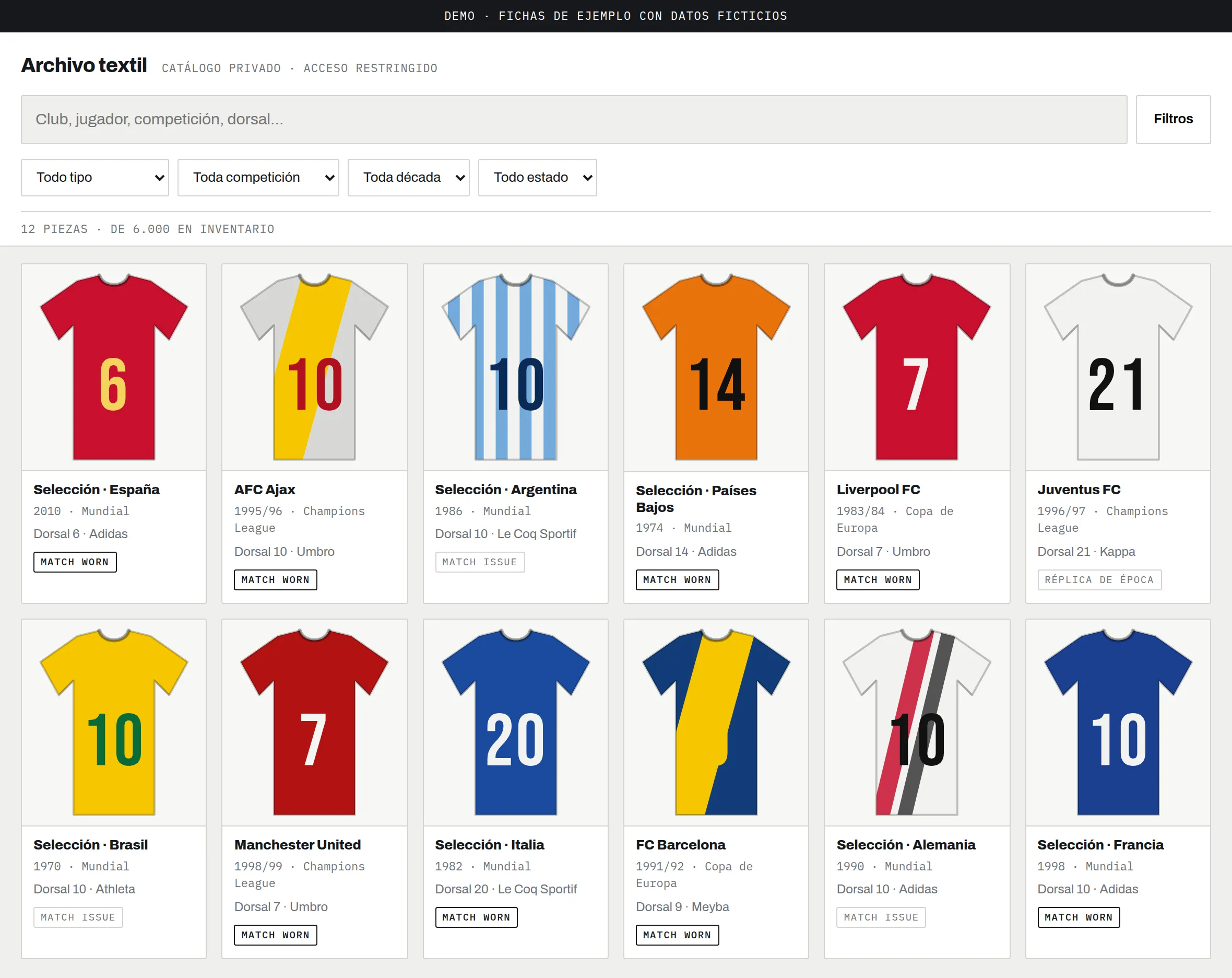 Captura del catálogo Archivo Textil: buscador, cuatro filtros y una rejilla de doce camisetas de fútbol dibujadas con su color, su patrón y su dorsal, cada una con club, temporada y tipo de pieza.